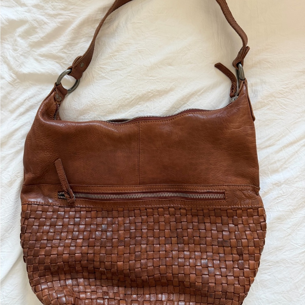 Brown Leather Woven Shoulder Bag